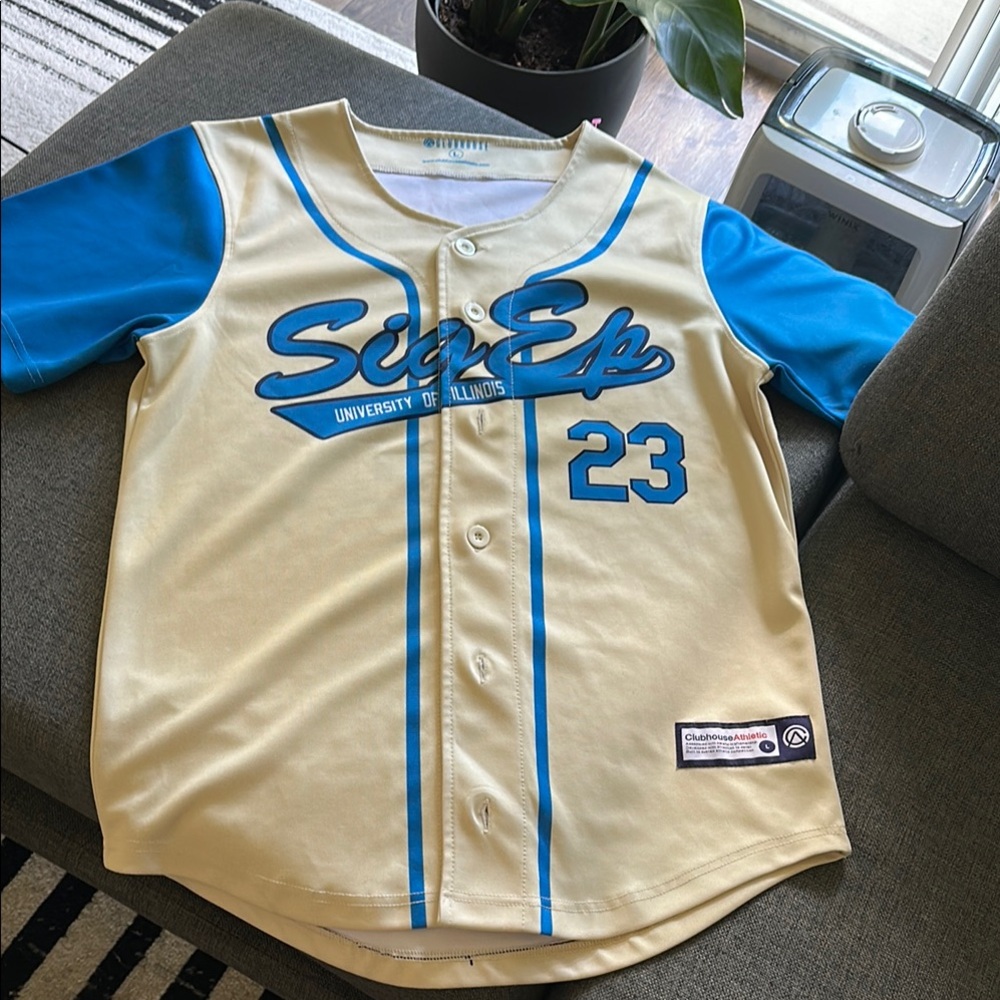 Cream and Blue Baseball Jersey with Script Design
